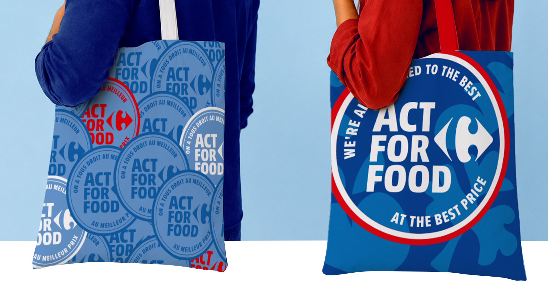Two blue Act for Food tote bags carried on the shoulder