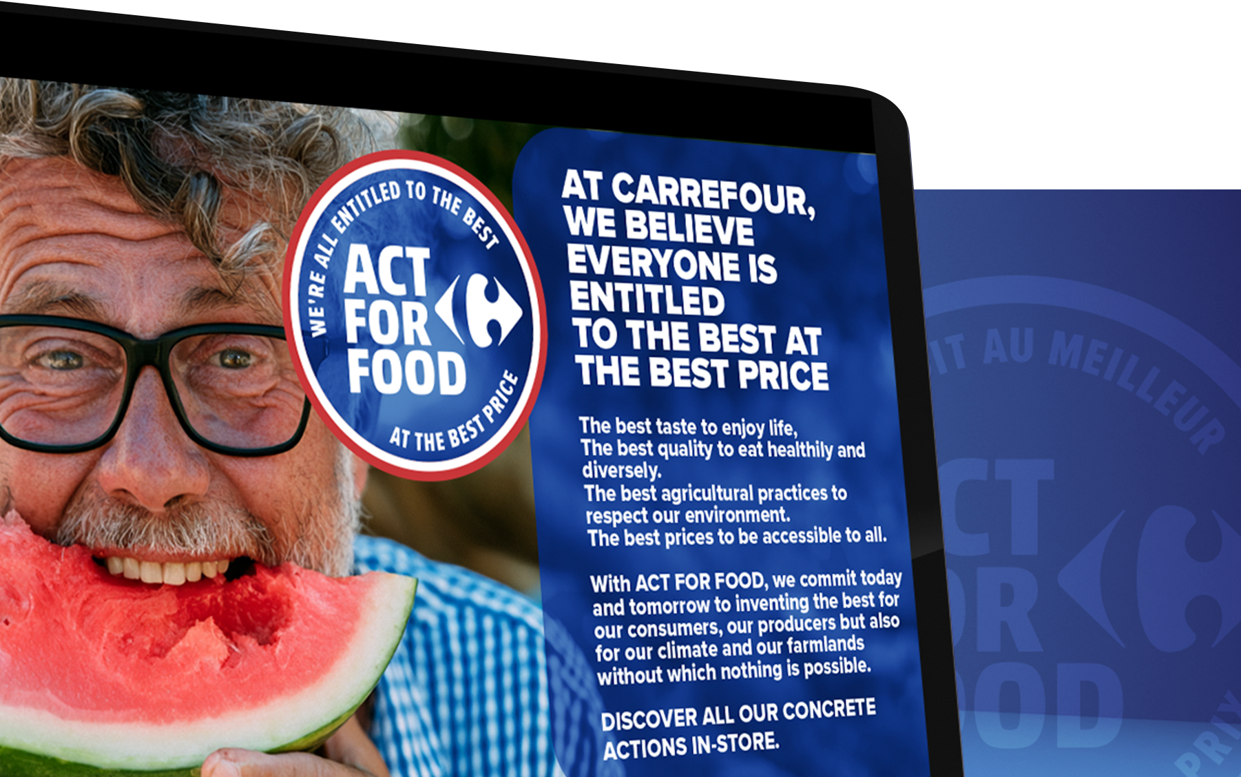 Tablet showing the Carrefour Act for Food manifesto, man biting into a watermelon