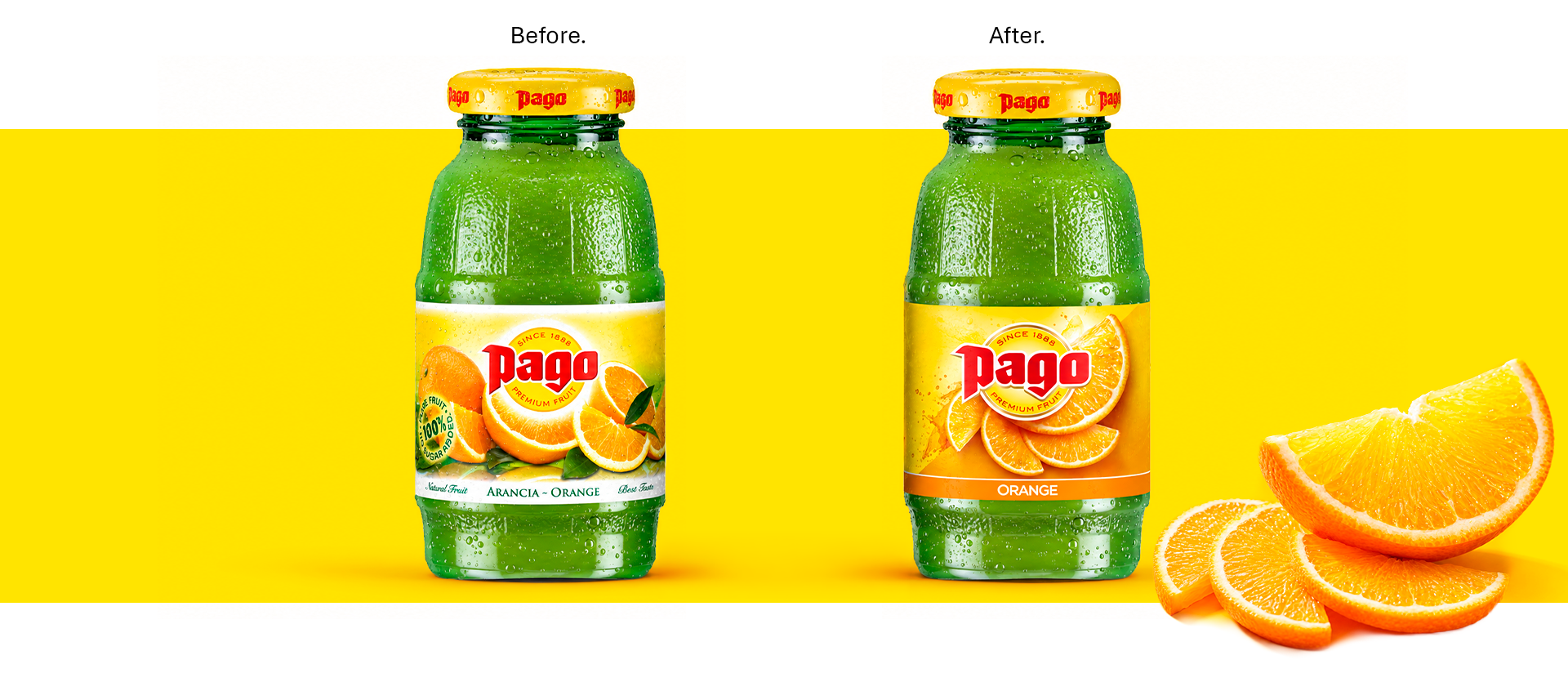 Before/after of the green glass Pago Orange bottle and its label