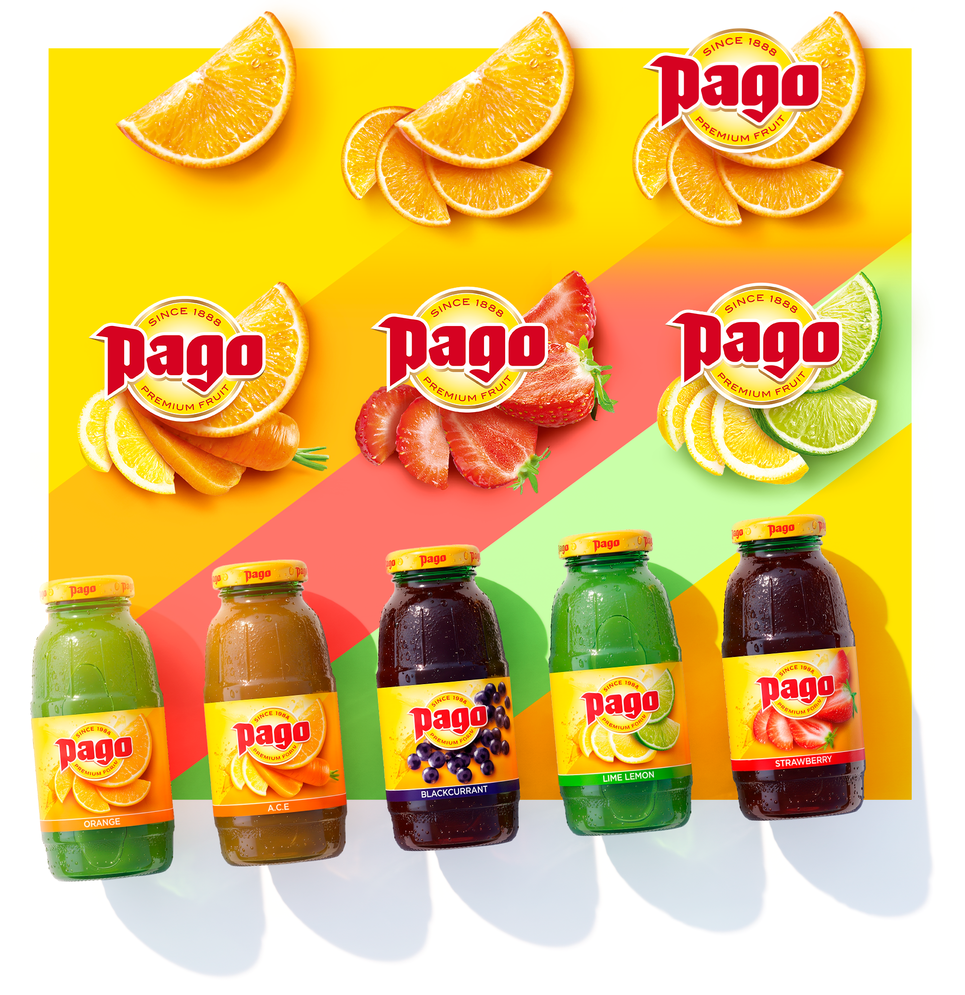 Pago label system by fruit and bottle range: Orange, ACE, Blackcurrant, Lime Lemon, Strawberry